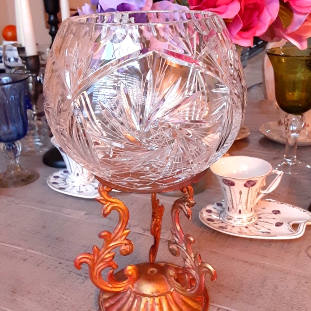European, Mouth Blown, 6" Pinwheel Crystal Rose Bowl